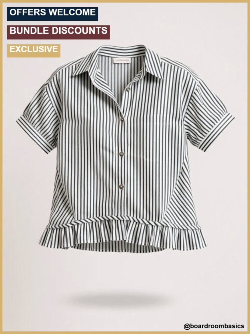 Striped Cotton Button Down Blouse Ruffle Hem Short Sleeve Casual Collared Work